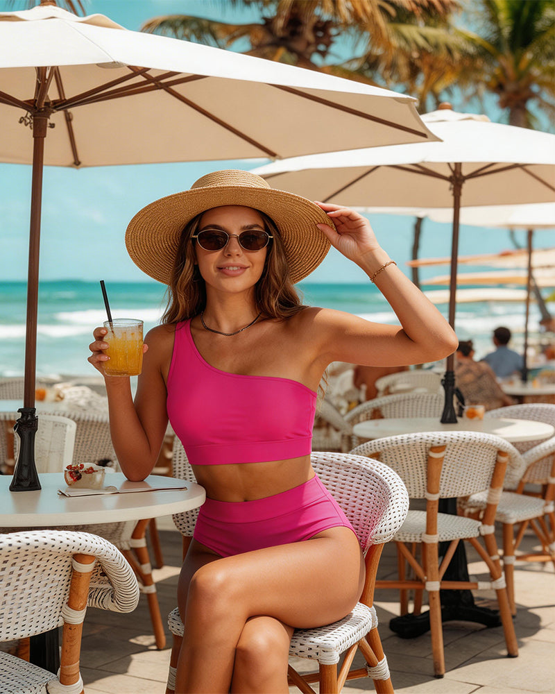 Women's High-Waist One-Shoulder Tummy Control Bikini Set