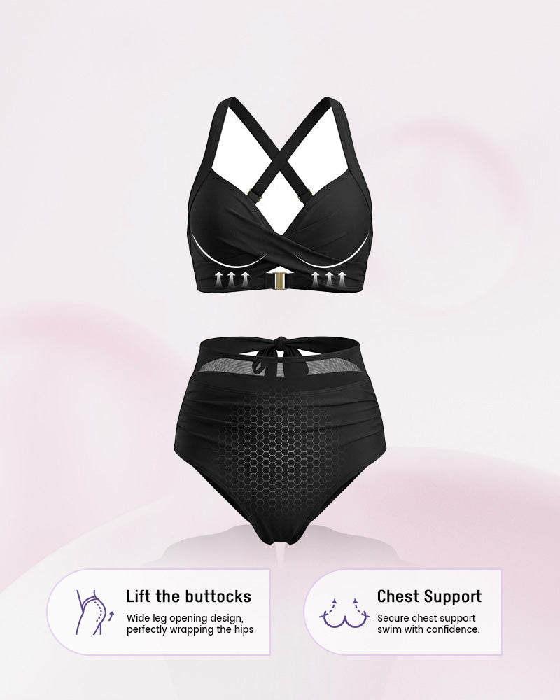 Women's High Waist Tummy Control Mesh Bikini Set Two Piece Swimsuit