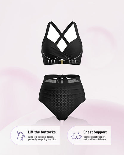 Women's High Waist Tummy Control Mesh Bikini Set Two Piece Swimsuit