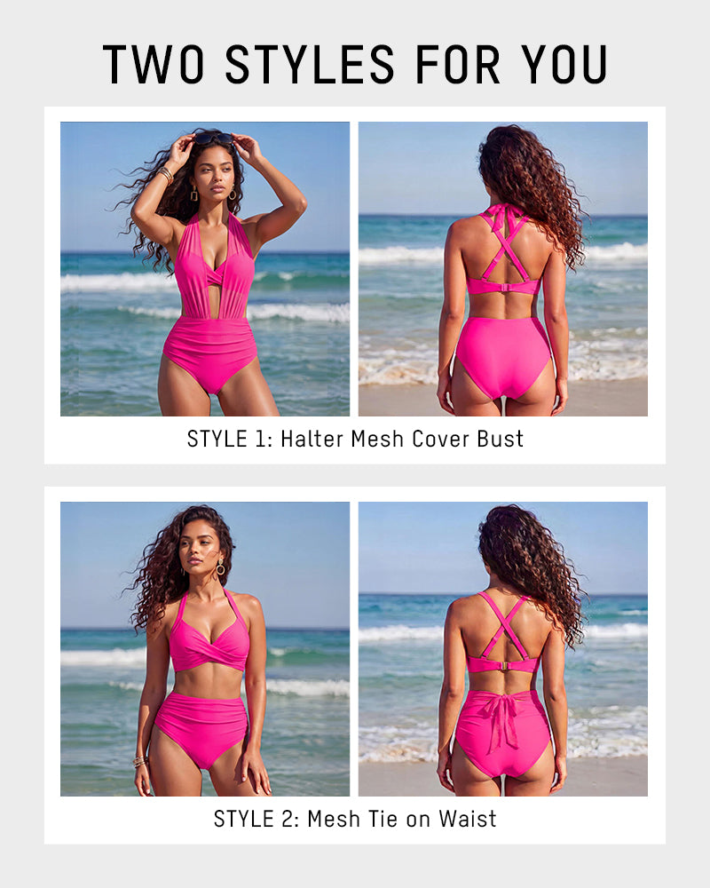 Women's High Waist Tummy Control Mesh Bikini Set Two Piece Swimsuit