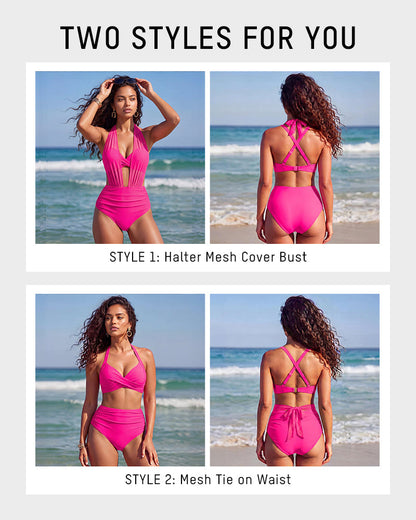 Women's High Waist Tummy Control Mesh Bikini Set Two Piece Swimsuit