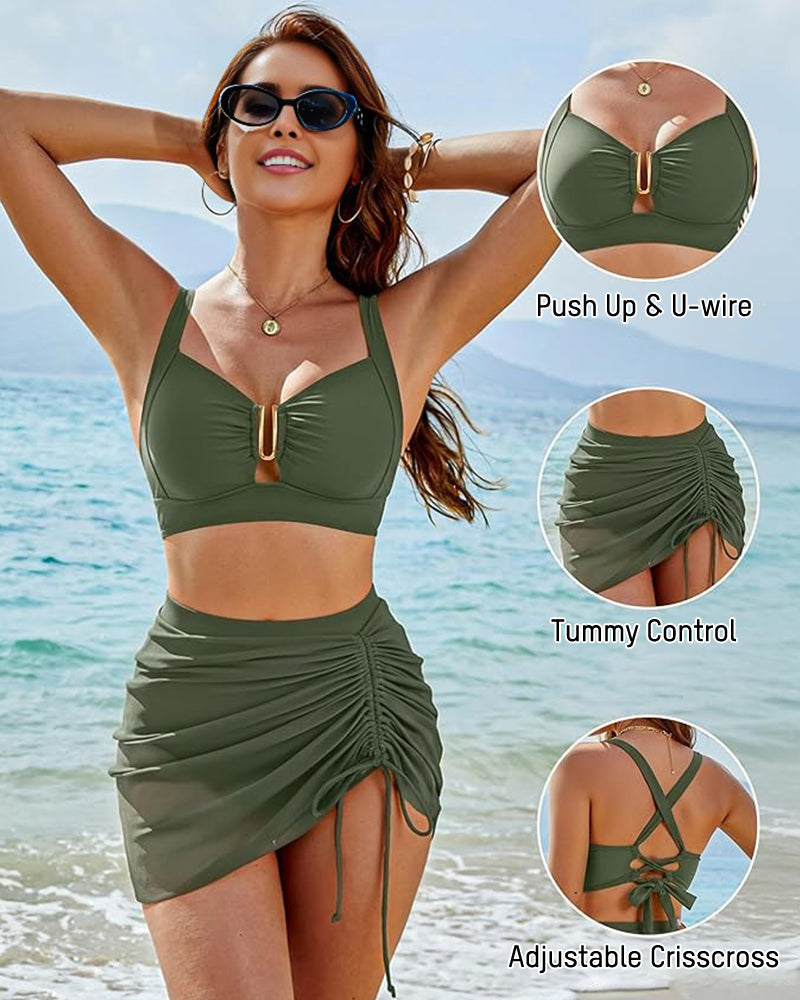 Women's Modest U-Wire Tummy Control Bikini Skirt Set