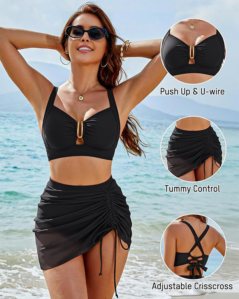 Women's Modest U-Wire Tummy Control Bikini Skirt Set