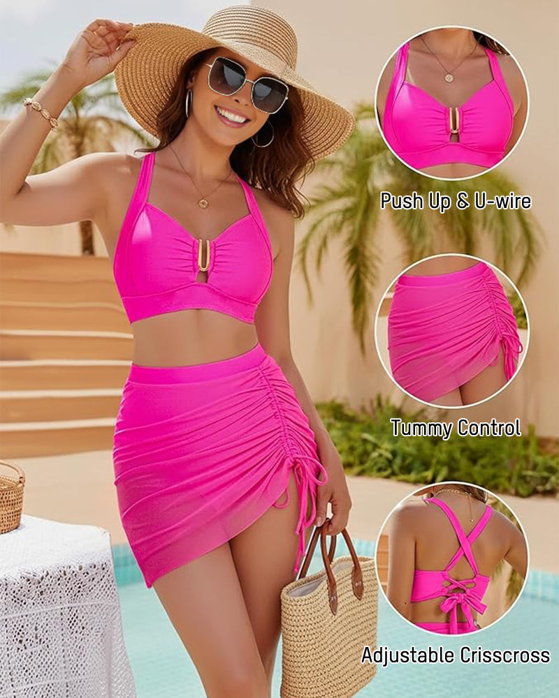 Women's Modest U-Wire Tummy Control Bikini Skirt Set