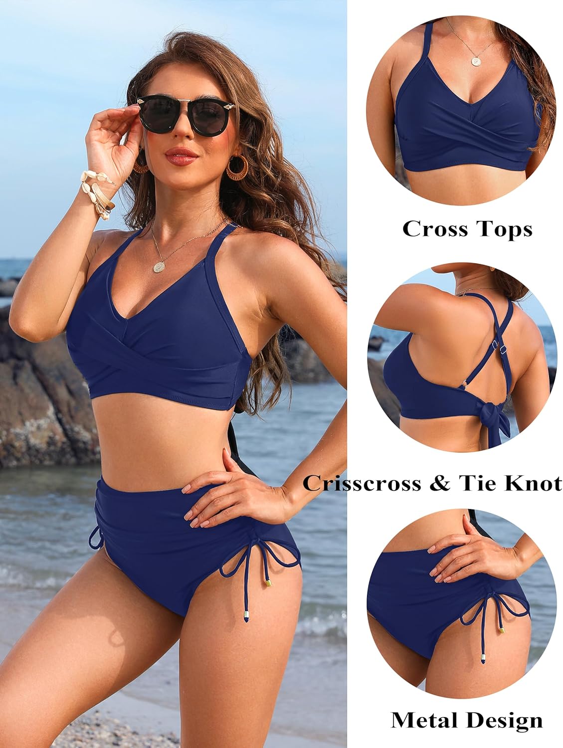 Women's High Waisted Bikini Sets Drawstring Tummy Control Swimsuits