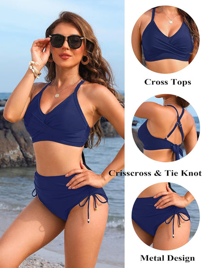 Women's High Waisted Bikini Sets Drawstring Tummy Control Swimsuits