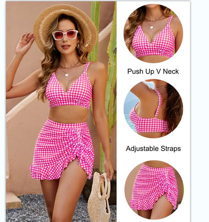 Women's High Waisted Bikini Sets Tummy Control Swim Skirt Two Piece