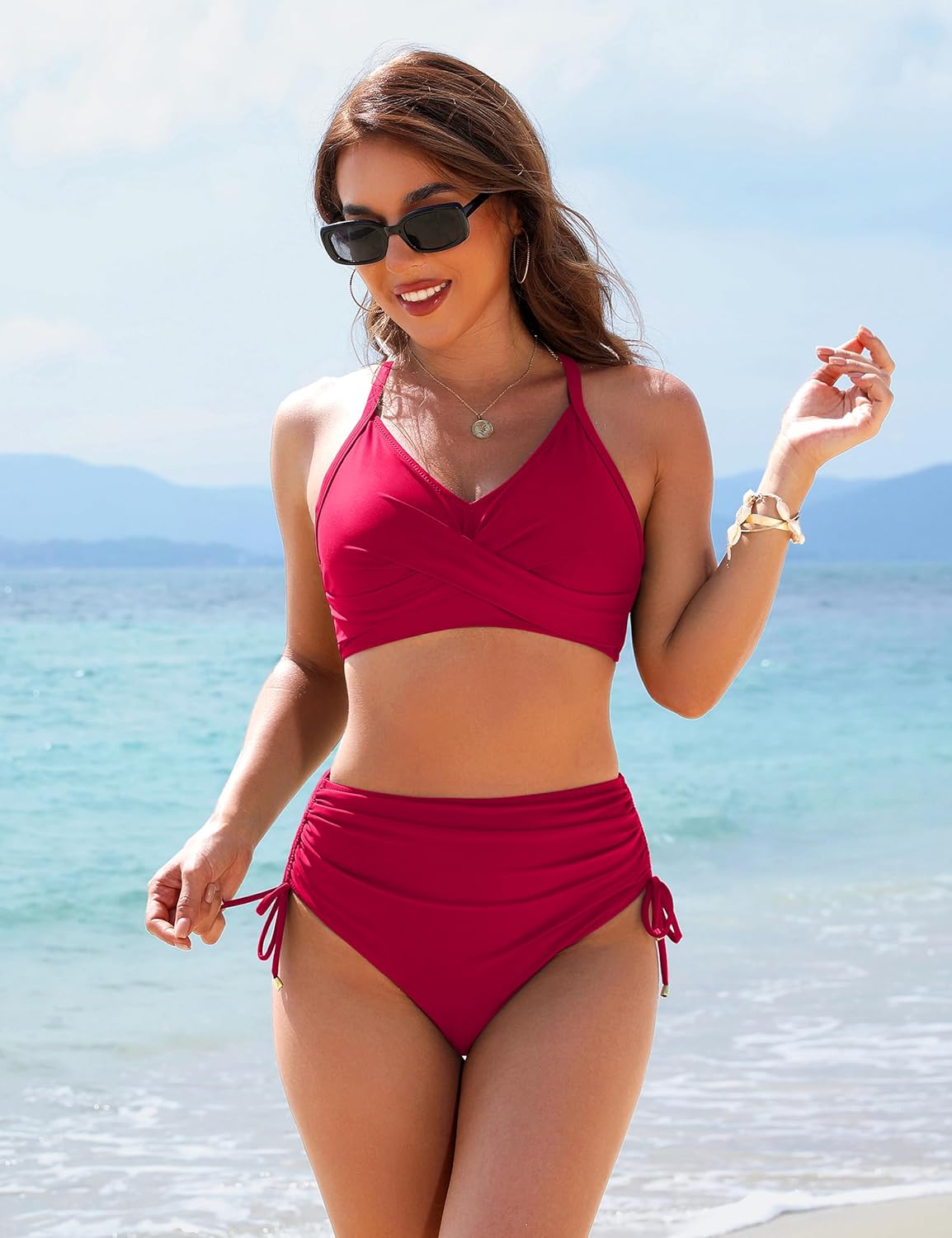 Women's High Waisted Bikini Sets Drawstring Tummy Control Swimsuits