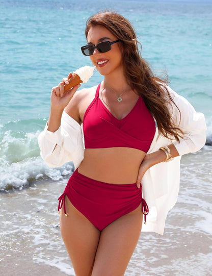 Women's High Waisted Bikini Sets Drawstring Tummy Control Swimsuits