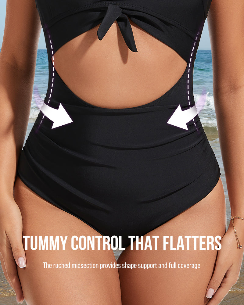 Women's Ruched Tie Knot Tummy Control One Piece Swimsuit Slimming