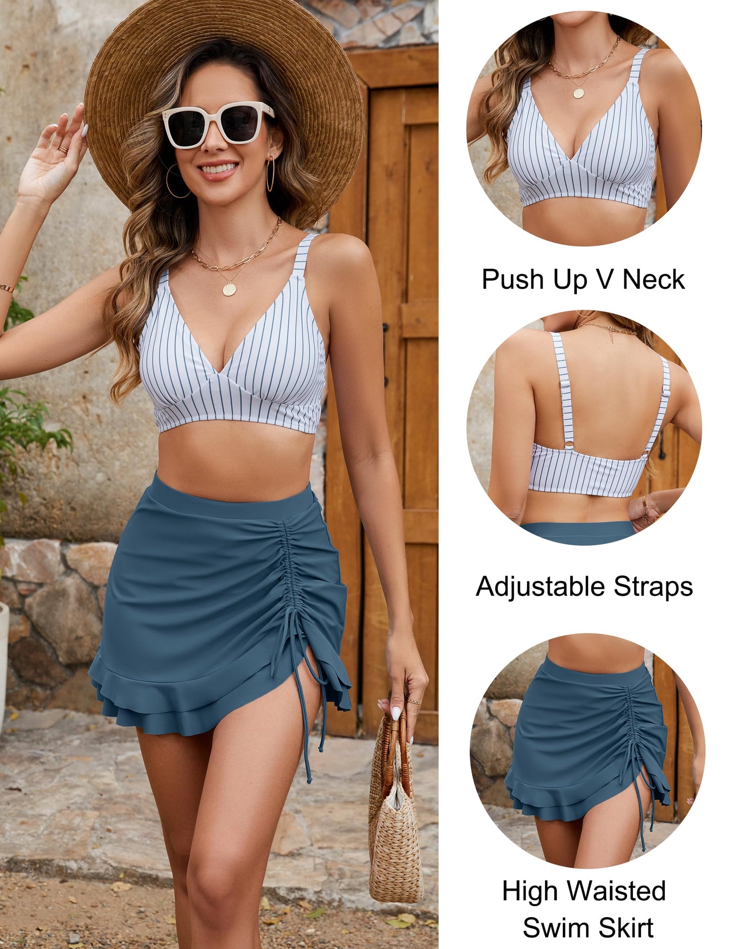 Women's High Waisted Bikini Sets Tummy Control Swim Skirt Two Piece