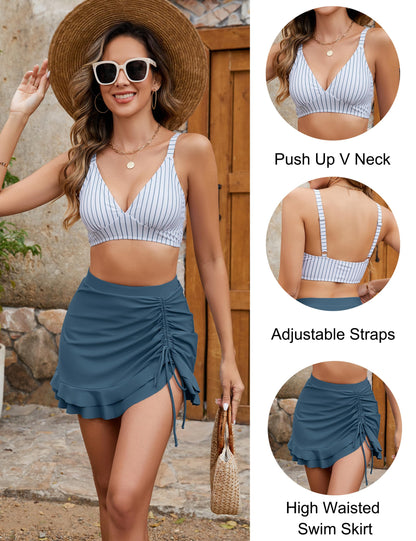 Women's High Waisted Bikini Sets Tummy Control Swim Skirt Two Piece