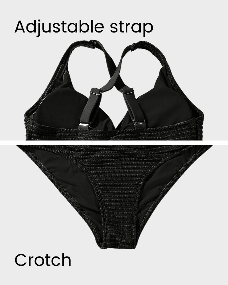 Women's Textured Ribbed Knot Front High Waist Bikini Set Two Piece