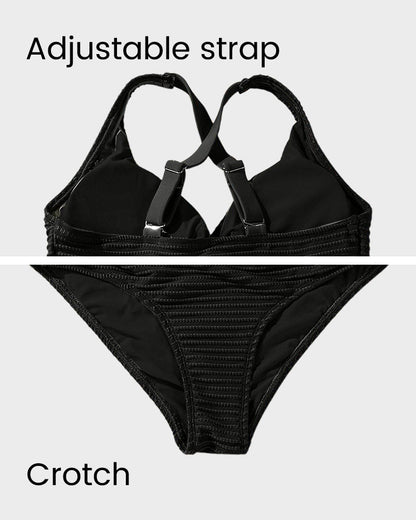 Women's Textured Ribbed Knot Front High Waist Bikini Set Two Piece