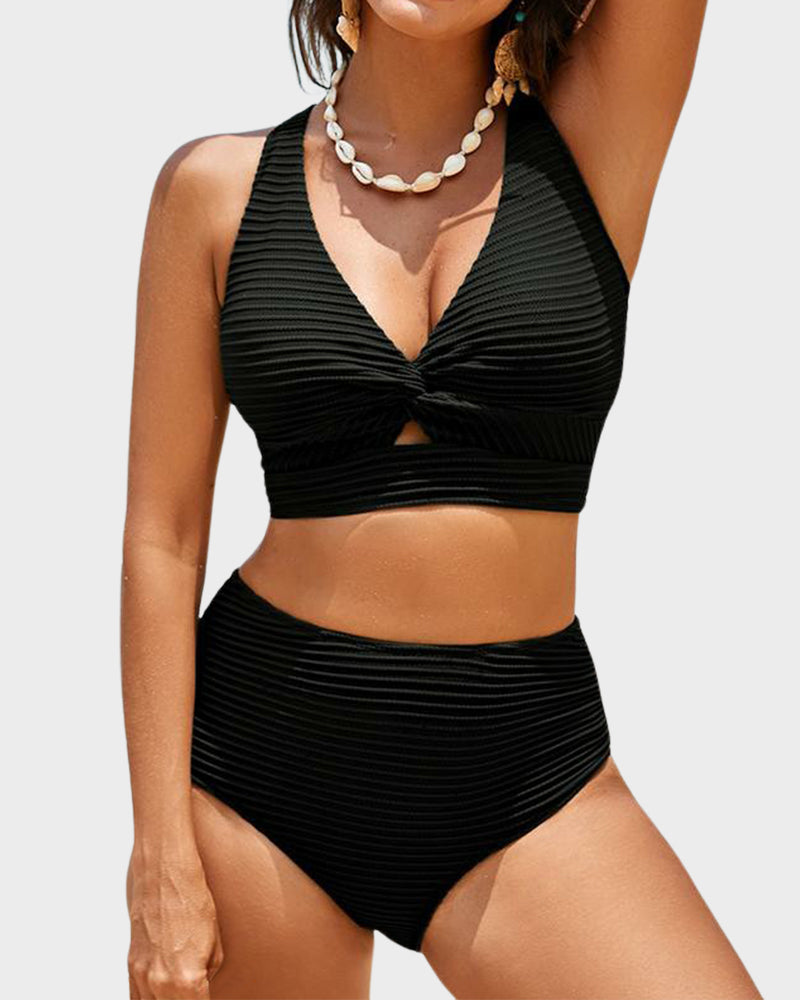Women's Textured Ribbed Knot Front High Waist Bikini Set Two Piece