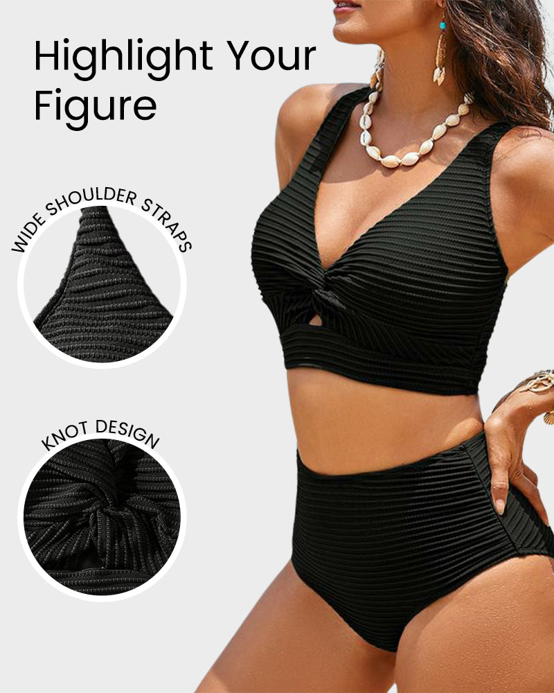 Women's Textured Ribbed Knot Front High Waist Bikini Set Two Piece
