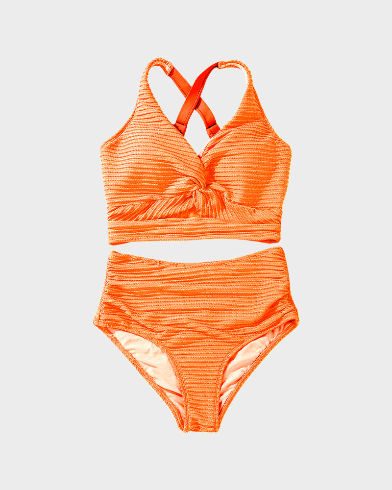 Women's Textured Ribbed Knot Front High Waist Bikini Set Two Piece