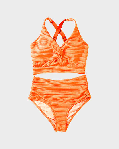 Women's Textured Ribbed Knot Front High Waist Bikini Set Two Piece