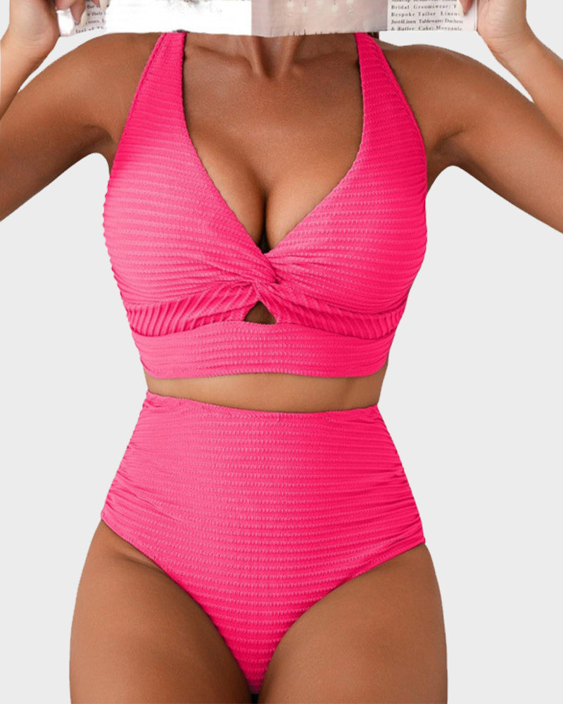 Women's Textured Ribbed Knot Front High Waist Bikini Set Two Piece