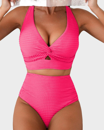 Women's Textured Ribbed Knot Front High Waist Bikini Set Two Piece