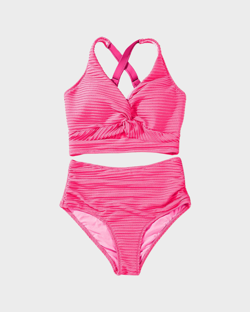 Women's Textured Ribbed Knot Front High Waist Bikini Set Two Piece