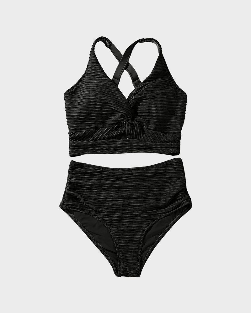 Women's Textured Ribbed Knot Front High Waist Bikini Set Two Piece