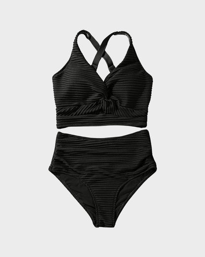 Women's Textured Ribbed Knot Front High Waist Bikini Set Two Piece