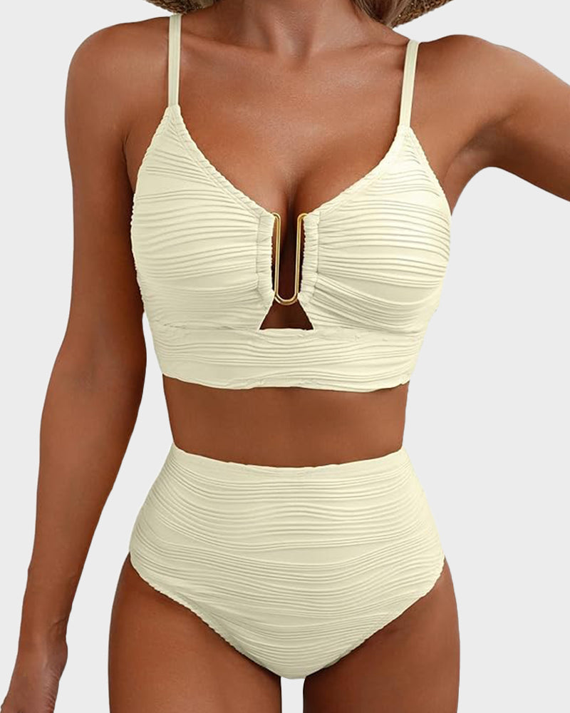 Women's Textured U-Wire Cutout High Waisted Bikini Set