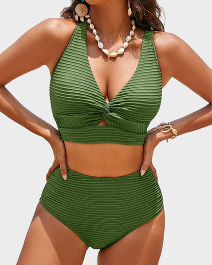 Women's Textured Ribbed Knot Front High Waist Bikini Set Two Piece