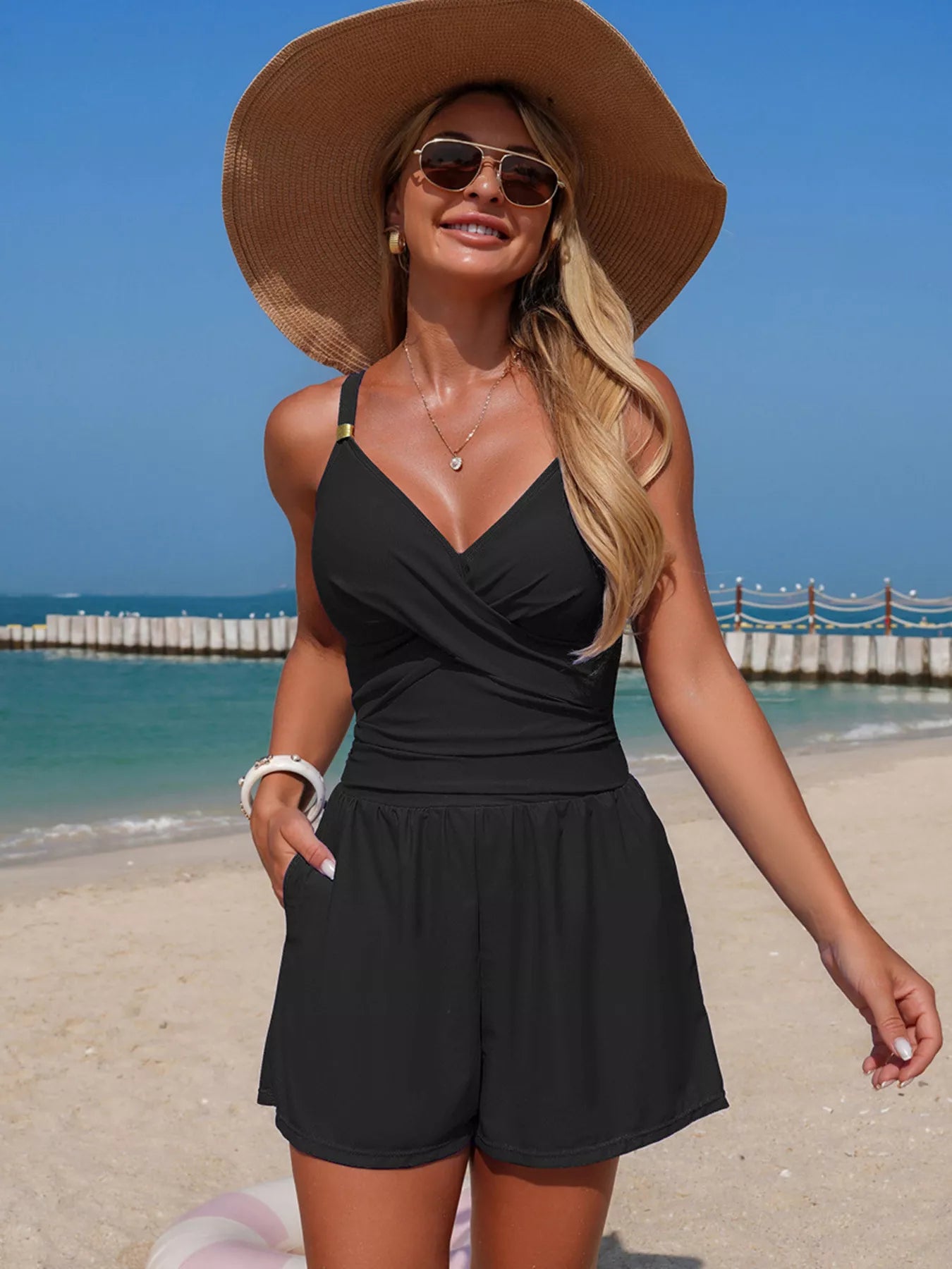 Women's V-Neck Spaghetti Strap One-Piece Swimsuit Tummy Control