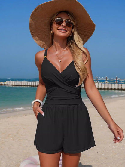 Women's V-Neck Spaghetti Strap One-Piece Swimsuit Tummy Control