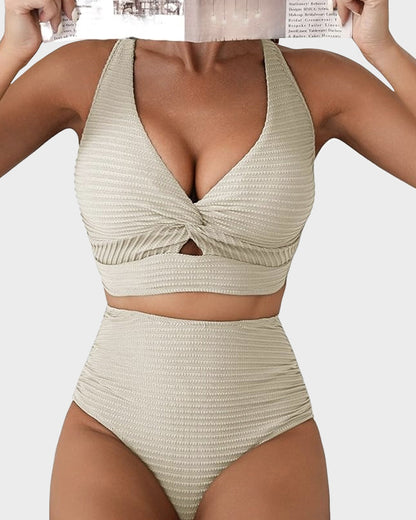 Women's Textured Ribbed Knot Front High Waist Bikini Set Two Piece