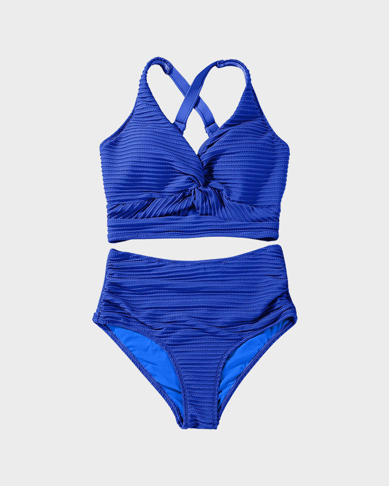 Women's Textured Ribbed Knot Front High Waist Bikini Set Two Piece