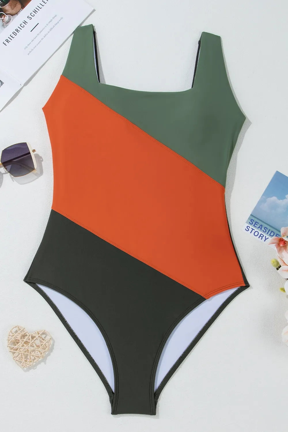 Women's Color Block Padded Square Neck One Piece Swimsuit Tummy Tummy