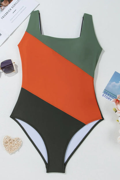 Women's Color Block Padded Square Neck One Piece Swimsuit Tummy Tummy
