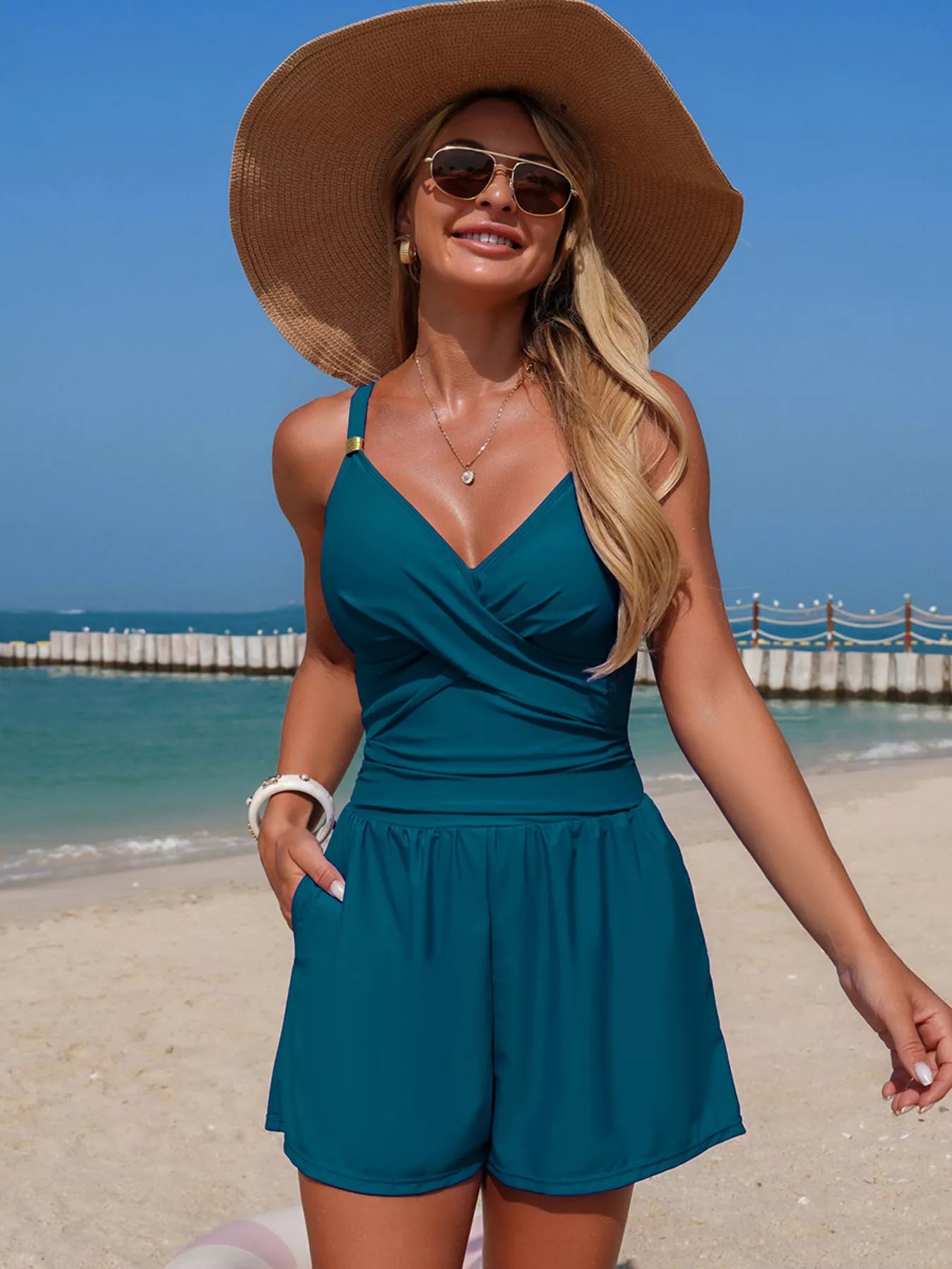Women's V-Neck Spaghetti Strap One-Piece Swimsuit Tummy Control