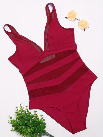 Women's Contrast Mesh One Piece Swimsuit, V Neck Solid Color Backless
