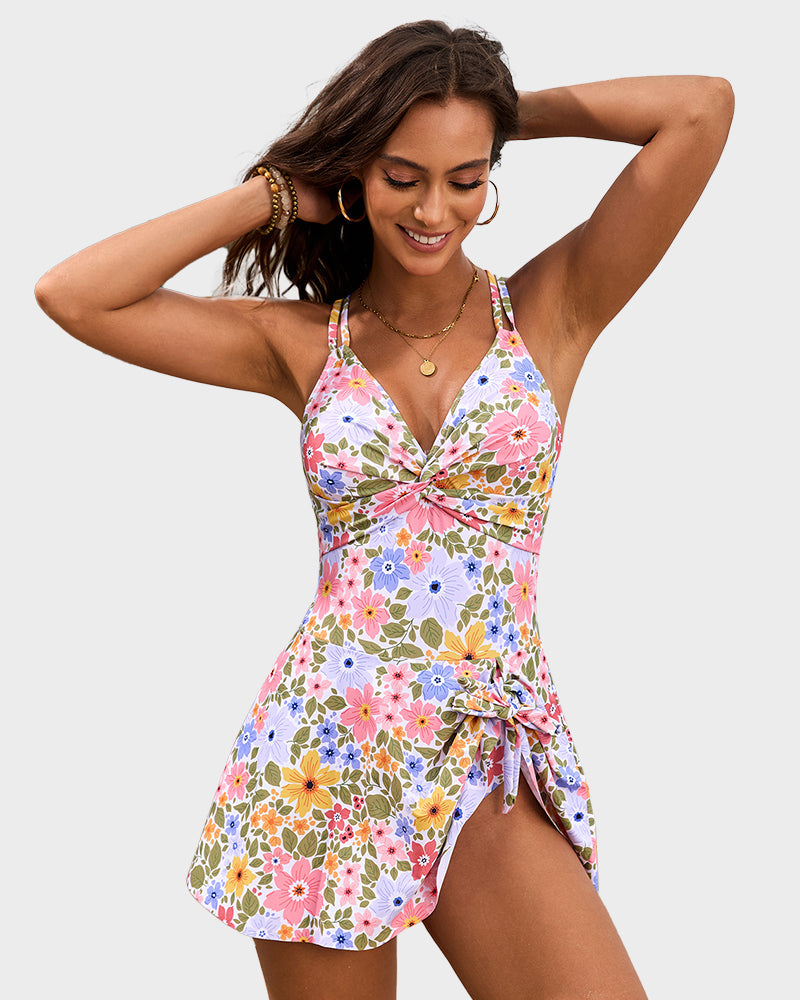 Women's Knot Hem Ruched One-Piece Swim Dress