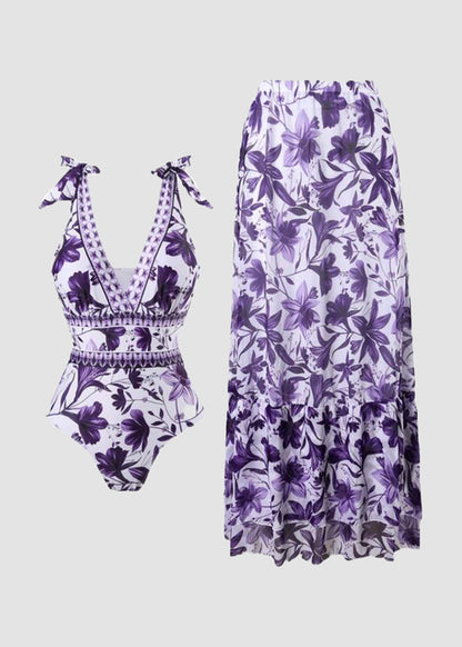 Women's V Neck Lace Up Printed One Piece Swimsuit and Skirt
