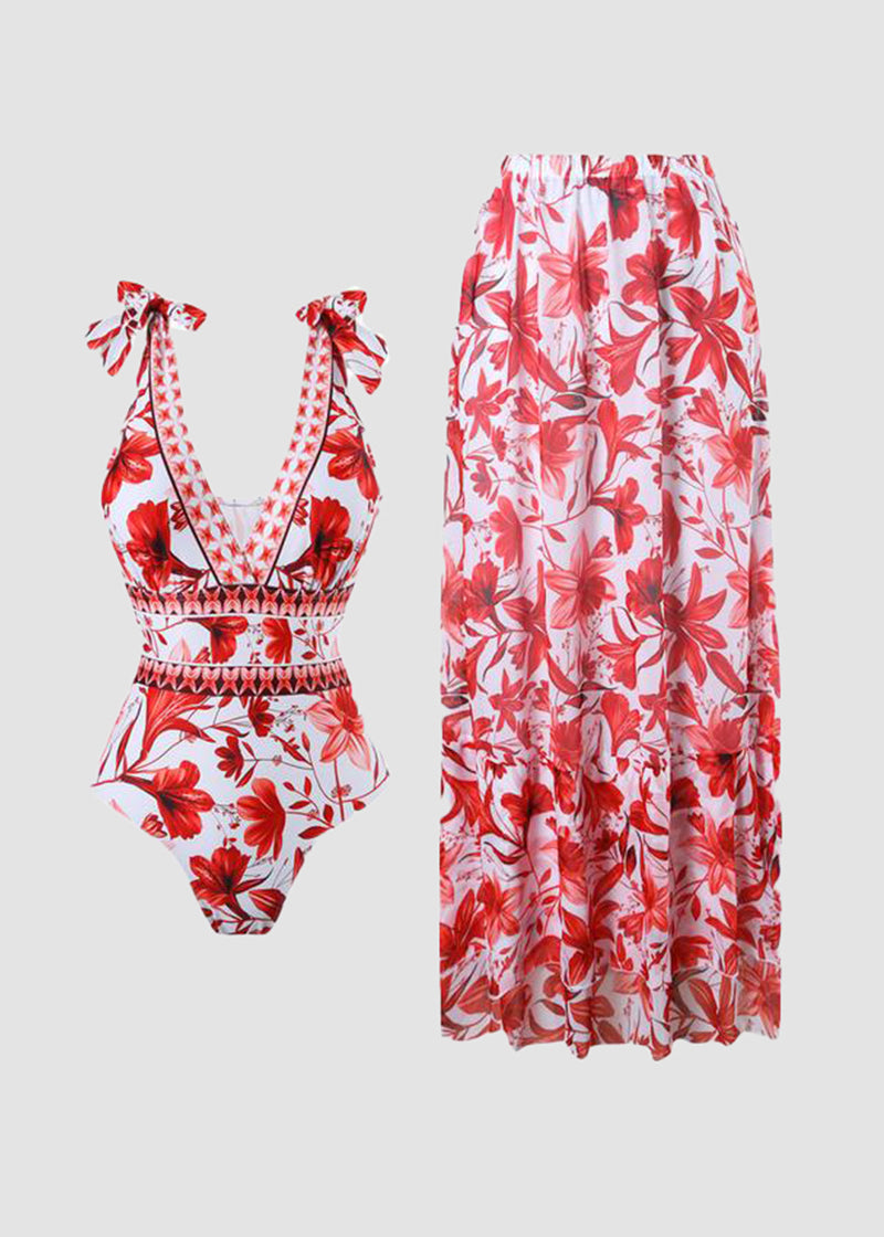 Women's V Neck Lace Up Printed One Piece Swimsuit and Skirt