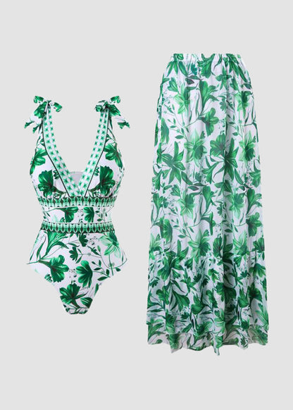 Women's V Neck Lace Up Printed One Piece Swimsuit and Skirt