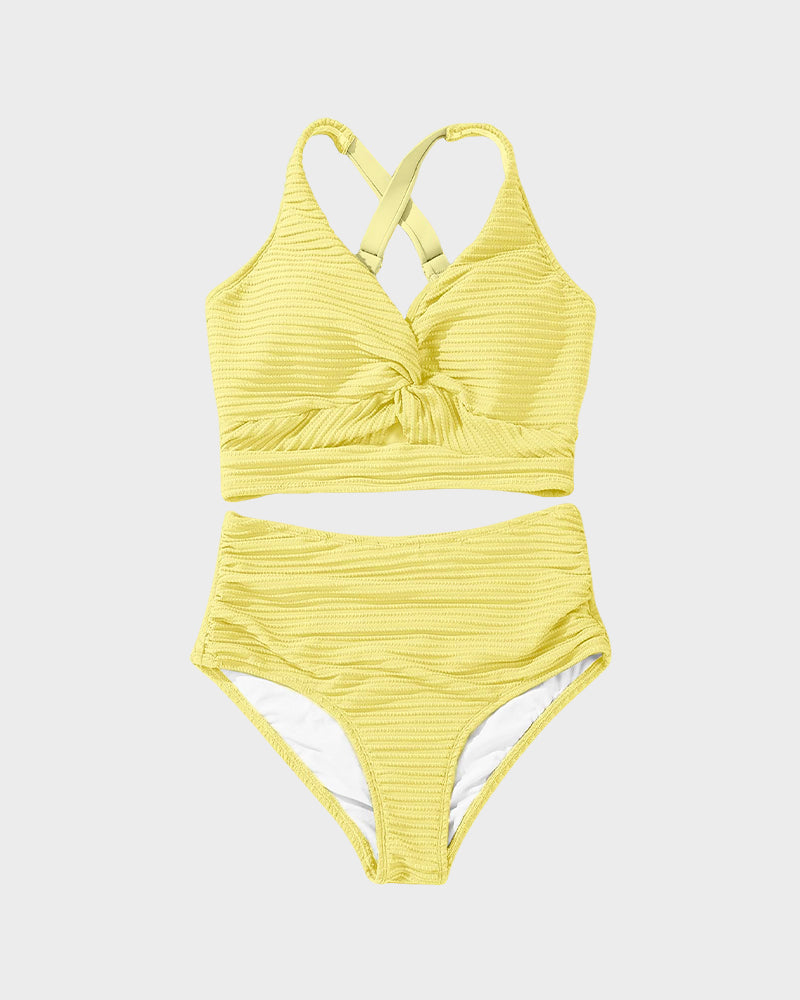 Women's Textured Ribbed Knot Front High Waist Bikini Set Two Piece