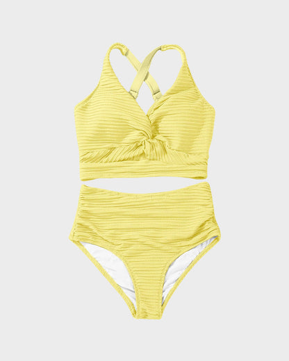 Women's Textured Ribbed Knot Front High Waist Bikini Set Two Piece